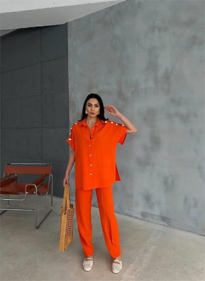 OMUZ MİDYE SIRALI BLUZ - PAÇA PENSLİ PANTOLON TAKIM - Orange resmi